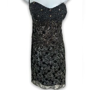 J & J Black Lace Satin Beaded Rhinestone Strapless Dress Size 14 New